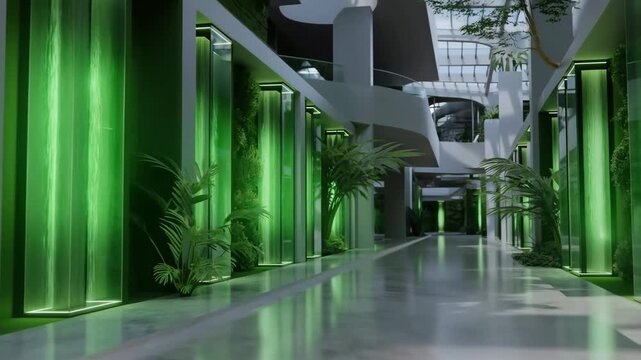 60 FPS forward dolly through futuristic atrium corridor with glowing green light columns and plants