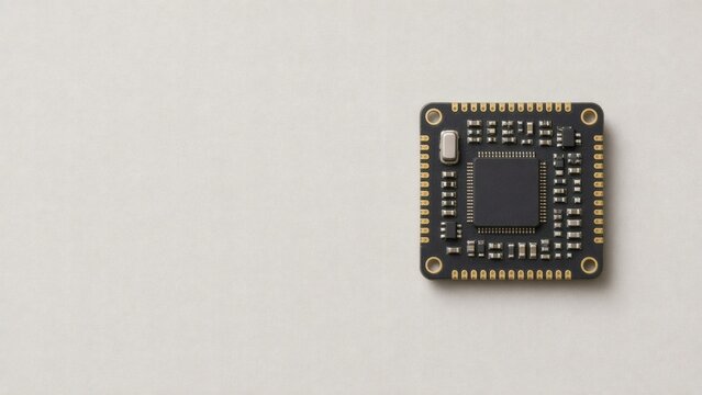 Top view of edge AI microcontroller board on light grey background with copy space, minimal flat lay