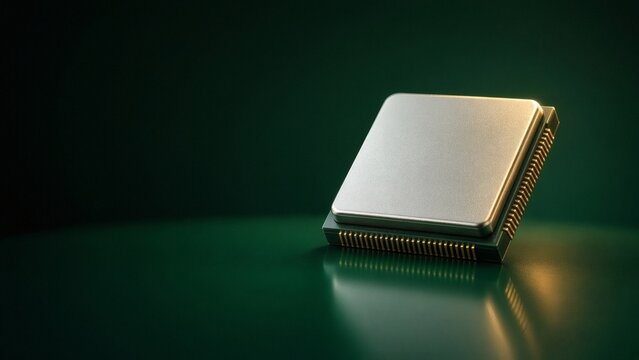 Low angle close up of AI processor chip on reflective emerald green surface with copy space