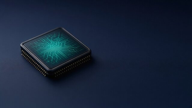 Edge AI processor chip with glowing teal circuit on dark navy background with copy space