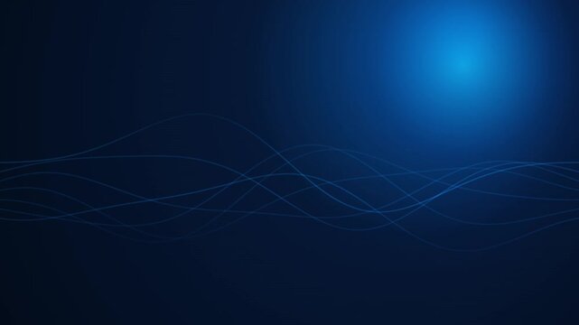 Abstract glowing blue light waves flowing on dark blue background with subtle light flare.