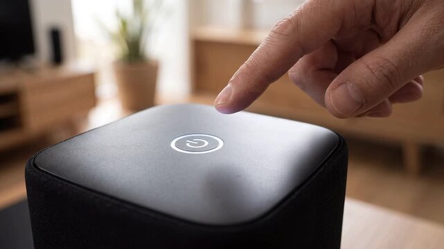 Person Finger Pressing Power Button on Smart Speaker in Living Room