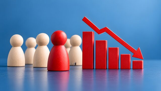 Red wooden figure standing beside falling bar chart and downward arrow symbolizing business failure recession and economic crisis
