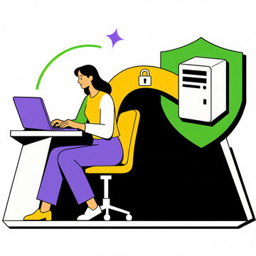 Woman using laptop beside a secure server and shield illustration