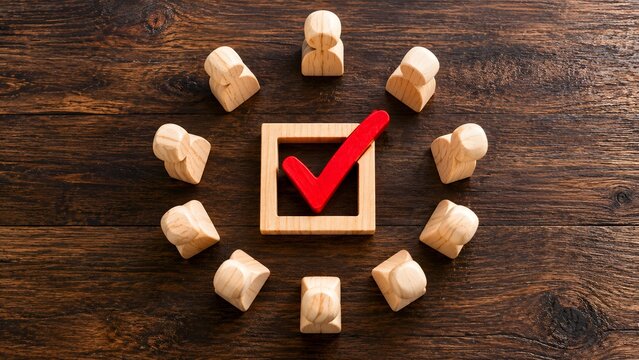 Wooden figures in circle around red check mark symbolizing team consensus approval voting and business decision making