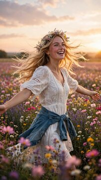 Happy young woman with flower crown running through a blooming meadow
