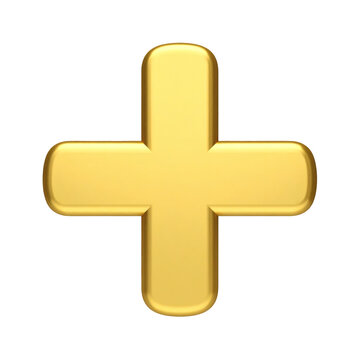 Plus sign symbol rendered in glossy metallic gold finish with a rounded 3D shape&nbsp;