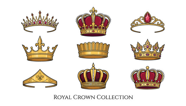 Royal crown collection king queen vector set. Gold, tiara, jewelry, diamond, velvet, majesty, authority and heraldry.