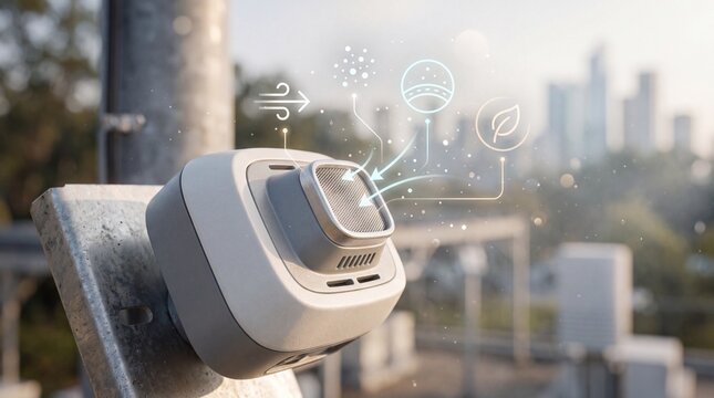 Air quality monitoring sensor installed on a metal pole in an urban city environment
