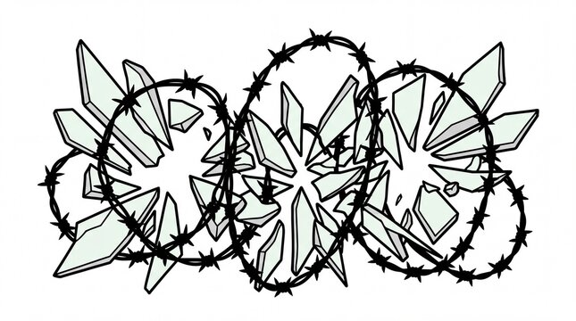 Three overlapping barbed wire ovals containing sharp, shattered glass fragments, depicting themes of danger and brokenness.