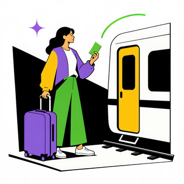 Woman holding a ticket beside a train with rolling luggage
