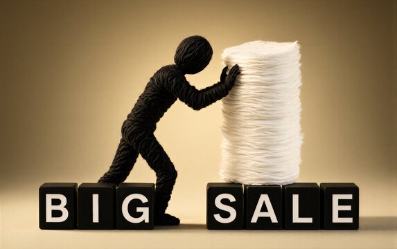 A yarn figure pushes a giant spool, symbolizing big sale discounts.
