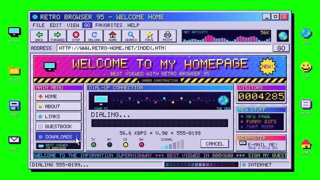 A nostalgic 90s web browser interface animation featuring pixel art dial up connection status loading progress bars and early internet desktop UI elements.
