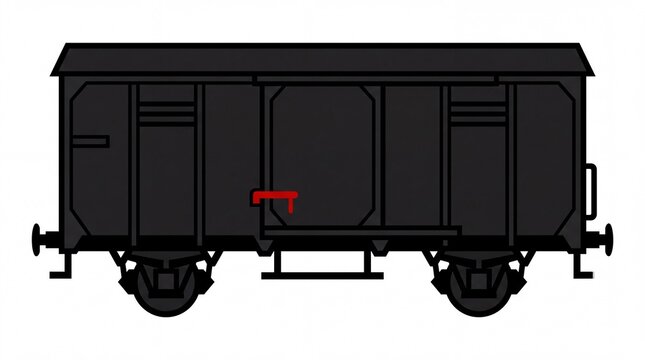 A simple black cartoon-style freight train boxcar with wheels and a red lever on a white background.