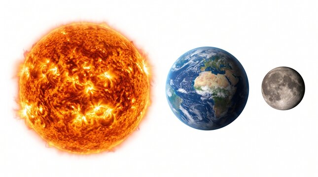 Comparative scale of the sun earth moon isolated against a white background celestial body solar system astronomy universe comparison