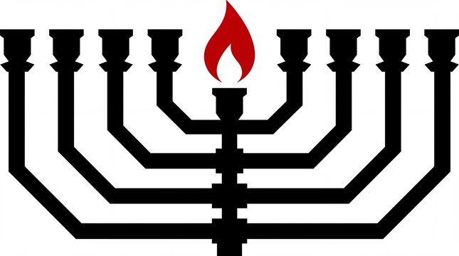 A black silhouette of a traditional nine-branched menorah with a single red flame in the center, symbolizing Jewish holiday traditions.