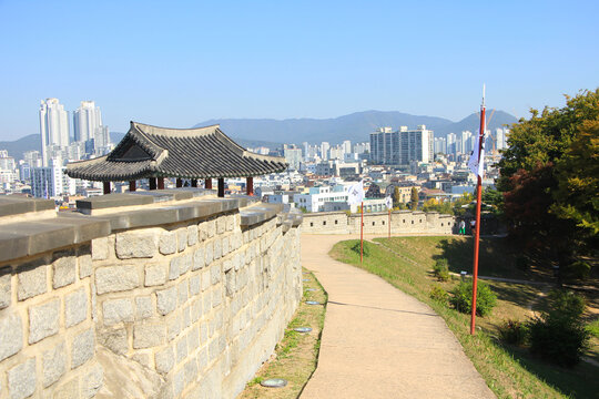 Suwon Hwaseong Fotress with View of Suwon City in the Background, South Korea