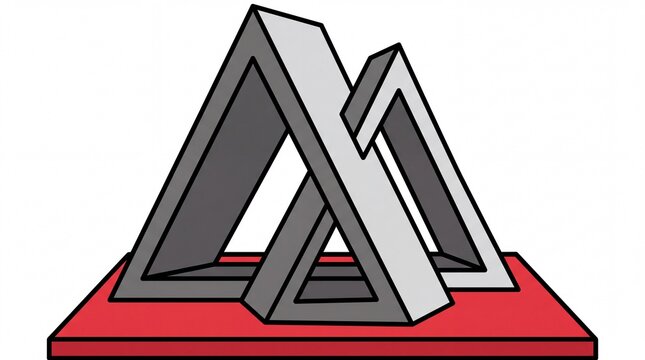 An illustration of two interlocking impossible triangles, also known as Penrose triangles, rendered in a grey 3D style on a red base, creating an optical illusion.