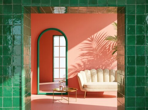Lounge Interior with Retro Sofa and Tropical Shadows