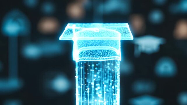 A glowing blue digital graduation cap formed by data particles, representing online education and e-learning technology.