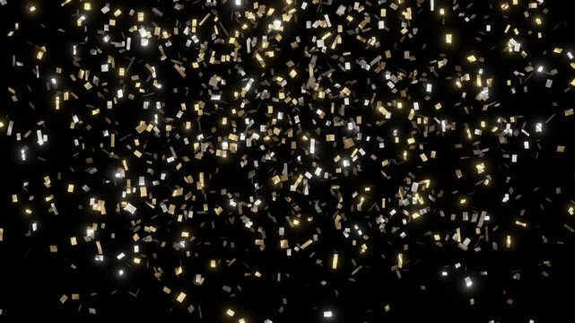 Gold and silver confetti falling densely after a burst, filling the frame on black background