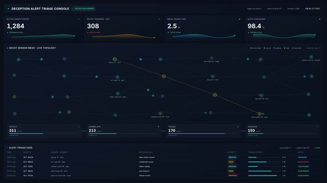 Cybersecurity deception alert triage console dashboard for live network topology, honey tokens, decoy sensors threat monitoring, for network security defense