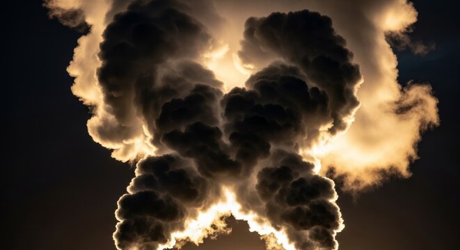 Massive industrial steam plumes rise into a dark sky, illuminated by sharp golden light creating dramatic contrast and deep shadows, silhouette, vertical, billowing