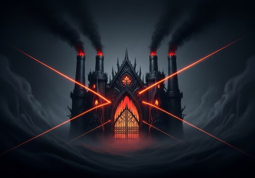 Tar-colored fog shrouds a massive fortress gate framed by two towering smoke bastions and a gothic arched opening in a dark, eerie void, gloomy, surreal, grey