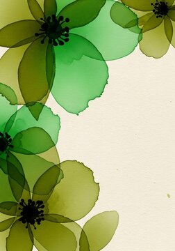 Hand-painted digital illustration with emerald and olive watercolor blooms, translucent textures, and a subtle natural paper grain surface, creative, emerald, green