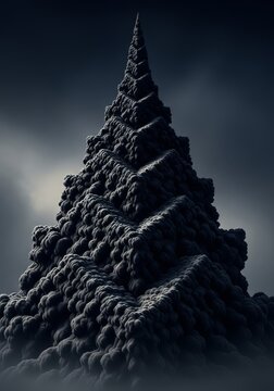 Massive ziggurat formed from thick tar-colored smoke rises in sharply stepped layers of black vapor against a dark and moody background, nebulous, smoke, backdrop