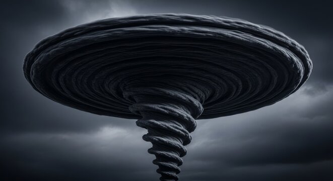 Soot-black atmospheric spiral twisting upwards into a broad rotating disk of thick smoke, dominating a dark and stormy cinematic sky, overcast, dense, funnel