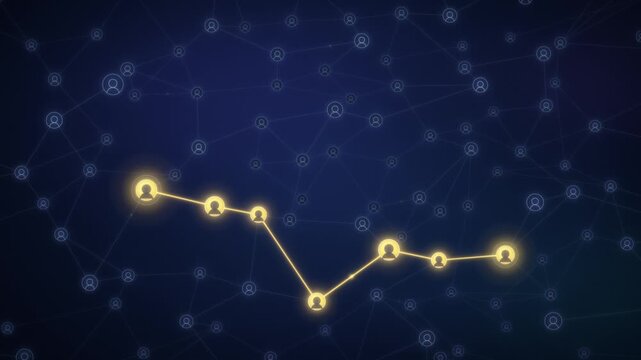 Gold connection paths linking two users across a social network of profile icons in a seamless loop