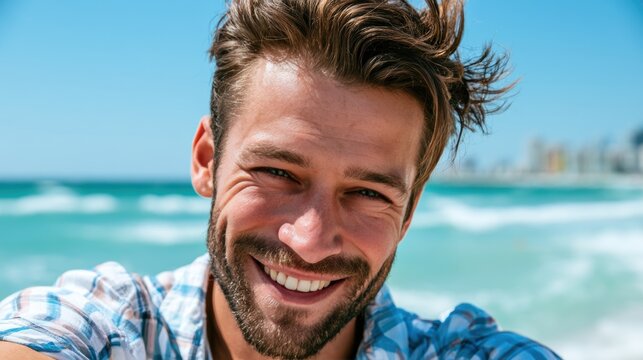 close-up shot of a good-looking male tourist. Enjoy free time outdoors near the city. Looking at the camera while relaxing on a clear day Poses for travel selfies smiling happy tropical