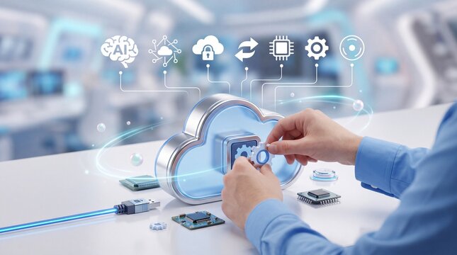Person assembling a digital cloud computing model with gear components on a white desk