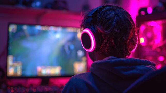 pro gamer man in headphones live streaming while playing online computer game, neon lights, esports,  gaming, monitor, play, young, player, internet, enjoyment, cyber,