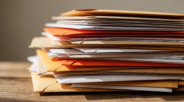 Messy stack of assorted envelopes lies on old wooden table. Unorganized mail piles up with various colors like orange, white, brown. Disorganized paper documents create clutter on desk, showing