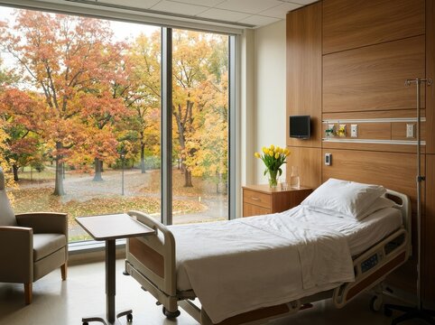 Ward room with hospital bed and autumn window view