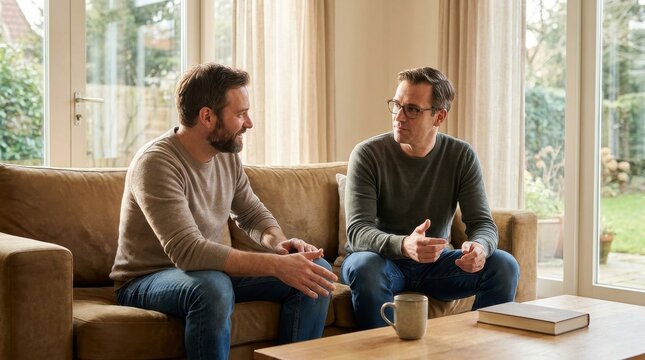 Two men in their 30s having a casual conversation while sitting on a comfortable sofa in a sunlit living room, natural light.