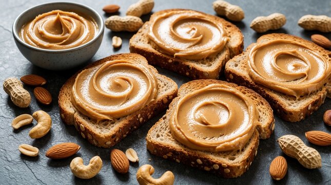 Close up of toasted bread slices with creamy peanut butter swirls. Four pieces of multigrain toast spread with nut butter sit on dark table. Bowl of smooth peanut butter surrounded by peanuts,