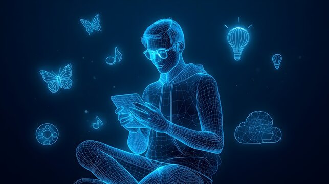 Creative youth using digital tablet with holographic icons representing ideas and art. low poly futuristic world youth skills day, creative, technology. low poly futuristic world youth skills day