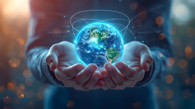 Diverse hands holding a glowing digital Earth globe, United Nations Public Service Day, representing global connectivity and international cooperation for sustainable development