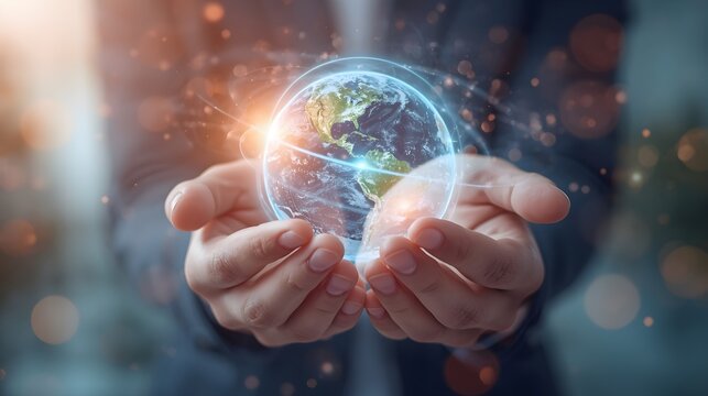 Diverse hands holding a glowing digital Earth globe, United Nations Public Service Day, representing global connectivity and international cooperation for sustainable development