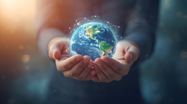 Diverse hands holding a glowing digital Earth globe, United Nations Public Service Day, representing global connectivity and international cooperation for sustainable development