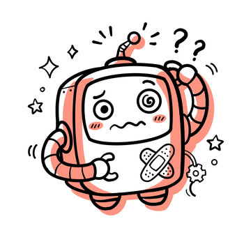 Hand Drawn Kawaii Broken Robot Error 404 Doodle Icon UI UX Element