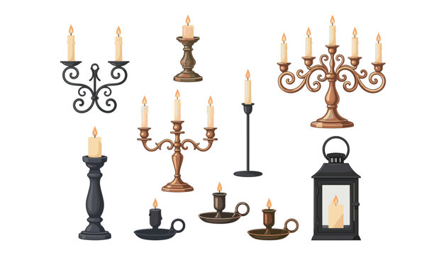 Vintage candelabra vector illustration icon collection. Antique, candlestick, holder, lantern, flame, bronze, brass and iron.