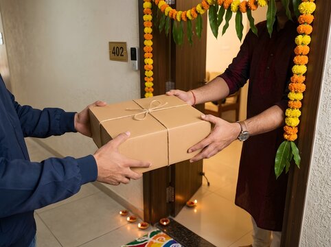 Delivery person handing over a parcel wrapped with twine to a man at his home entrance during a festival
