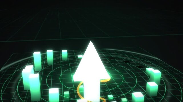 White 3D arrow rising through stacked green data layers with an orange spiral and glowing bars on black