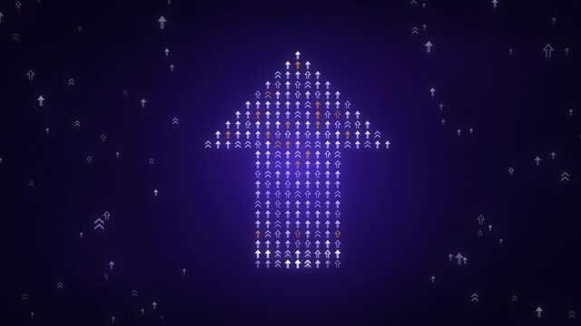 Big upward arrow assembled from tiny arrow icons with a golden light trail spiraling around it on purple