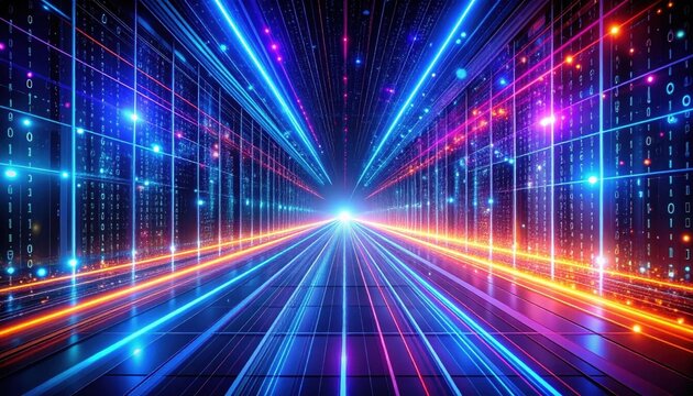 Abstract big data visualization displaying colorful light data streams, binary code stream matrix, analytics processing speed, machine learning artificial intelligence technology network background