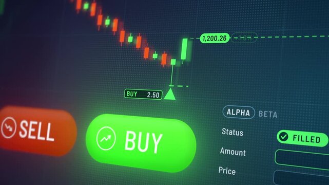 Trading buy button pressed at the dip as candlestick chart reverses into a green uptrend